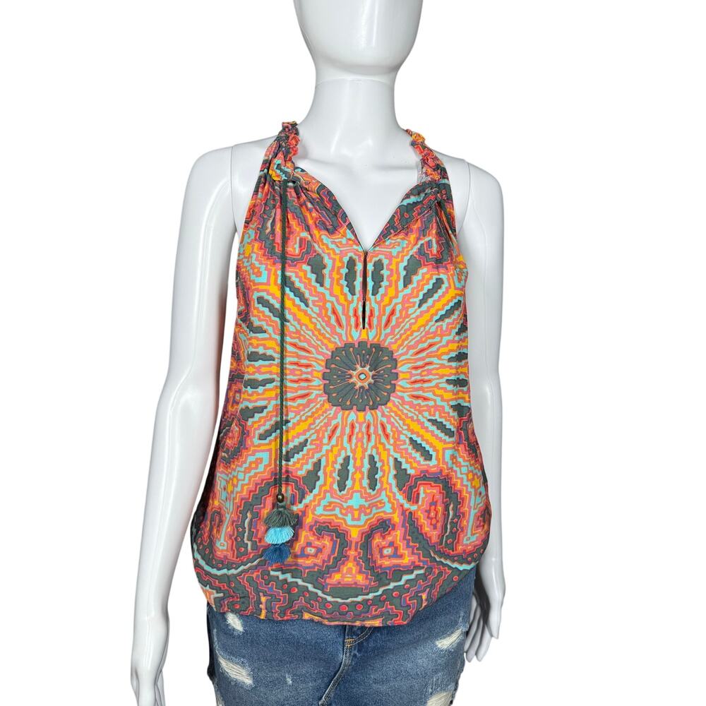 Figue Betty Patterned Boho Kaleidoscope Tassel Halter Sleeveless Blouse Size XS